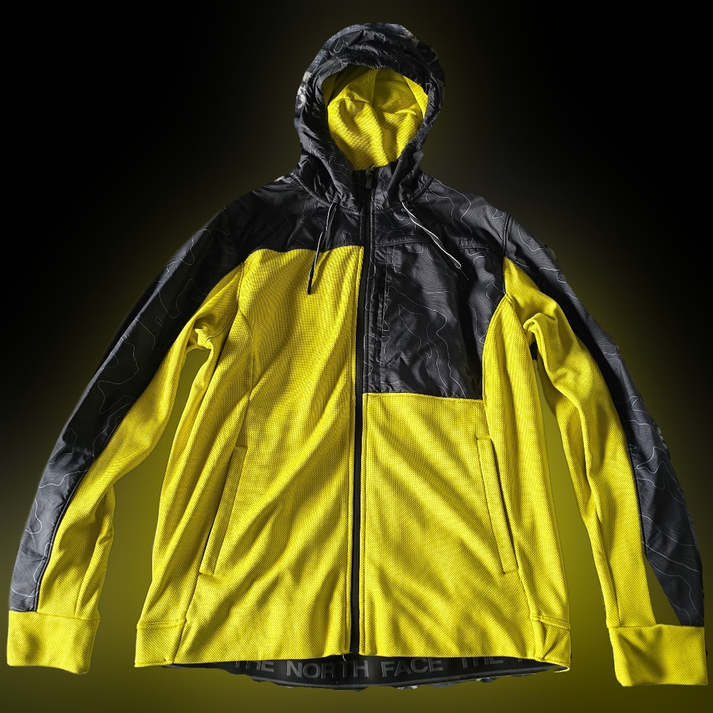 Men's North Face Soft Shell Jacket Full Zip Yellow/Black Topography Hoodie - L